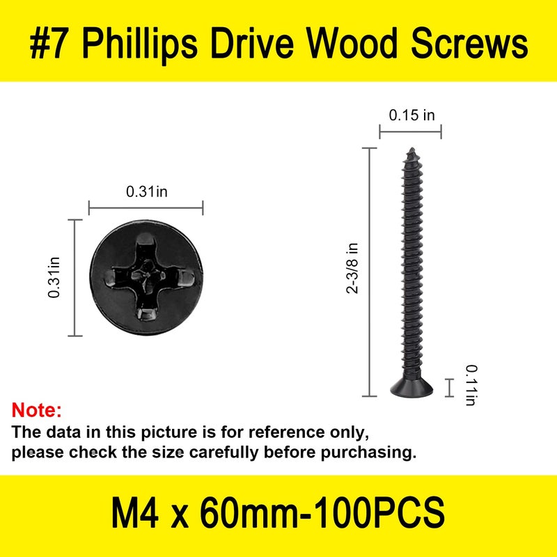 LERNOU 100 Pcs #7 X 2-3/8'' Black Wood Screws,Drywall Screws, Phillips Flat Head Concrete Screws, Long Screw for Wood,Used in Furniture,Woodworking Repairs and DIY Projects（M4 X 60mm - Image 2
